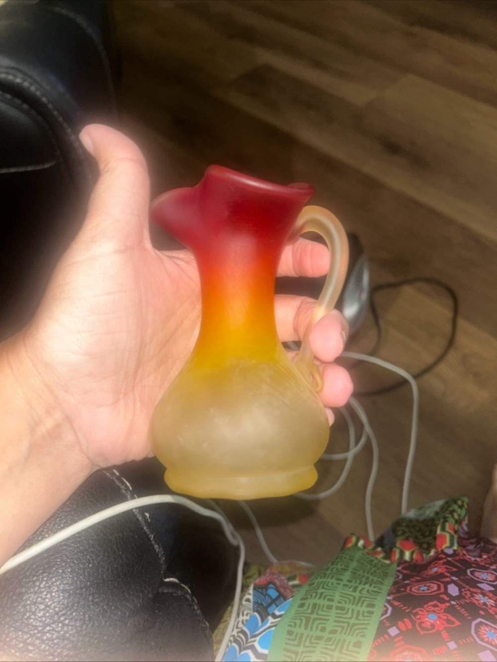Amber-to-Red Frosted Glass Pitcher Vase with Handle